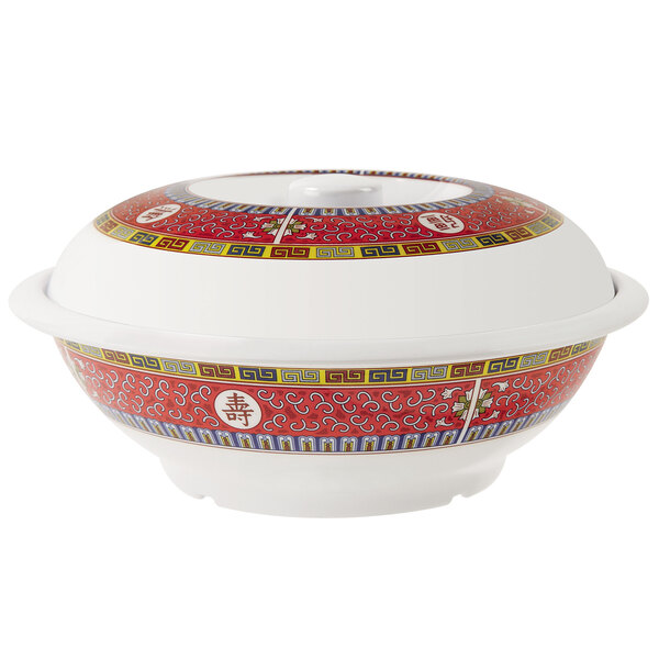 A white melamine bowl with a red and white Dynasty Longevity design on it.