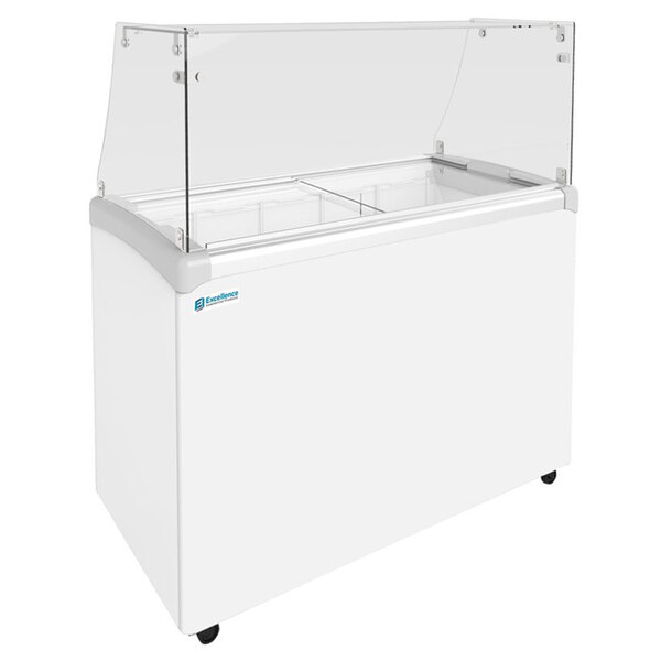 A white freezer with a clear glass top.