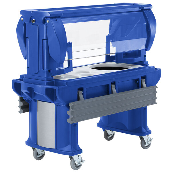 A navy blue plastic Cambro food cart with heavy-duty casters.