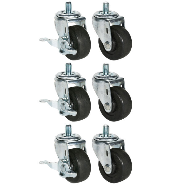 A set of 6 metal stem casters with black rubber wheels.