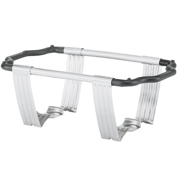 A Vollrath Dakota stackable chafer rack with black handles and silver metal bars.