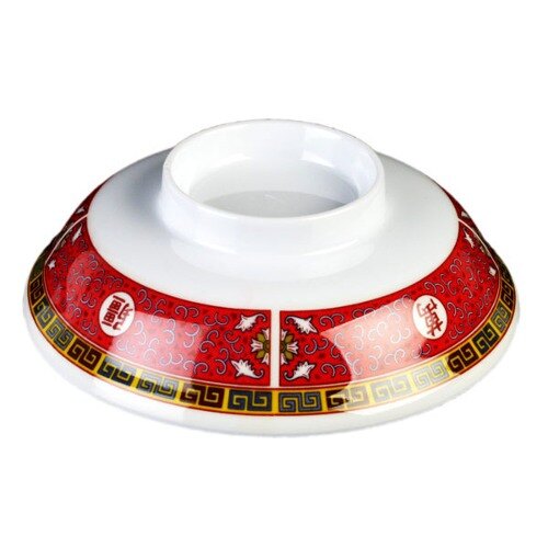 A white melamine lid with a red and yellow oriental design.