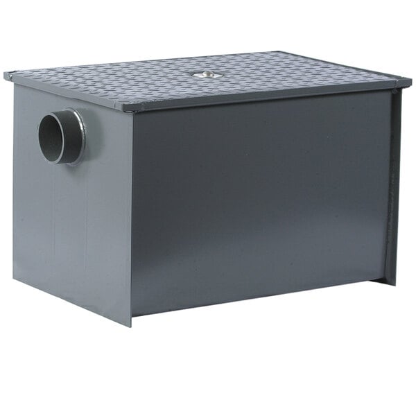 A grey rectangular metal box with a hole.