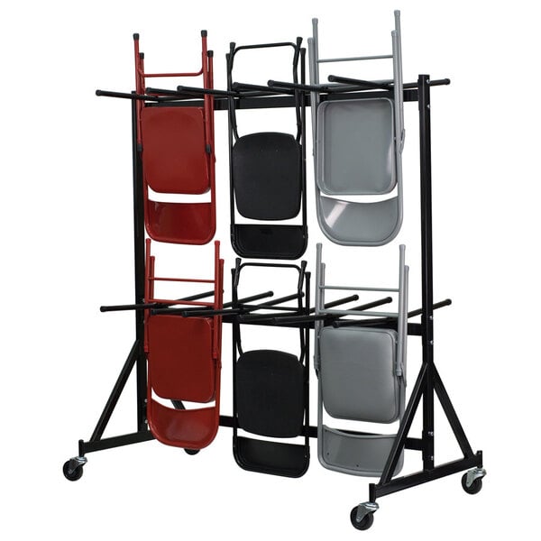 A rack with black-framed chairs on it.