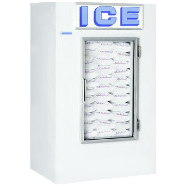 A white Polar Temp ice merchandiser with a glass door and ice inside.
