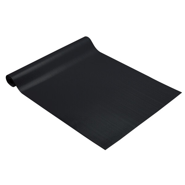 A rolled up black vinyl runner mat.