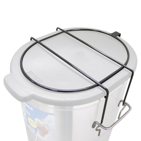 A metal bucket with a white lid and a handle.