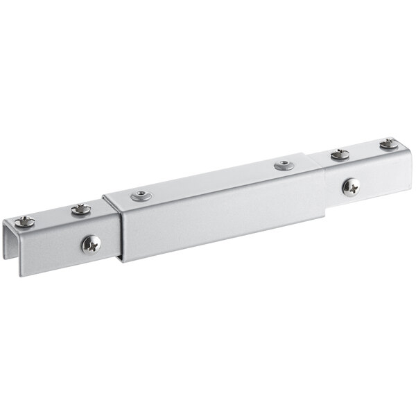 A stainless steel metal bar with screws on a white background.