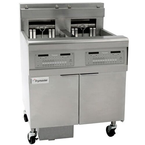 A Frymaster commercial electric floor fryer with three frypots on wheels.