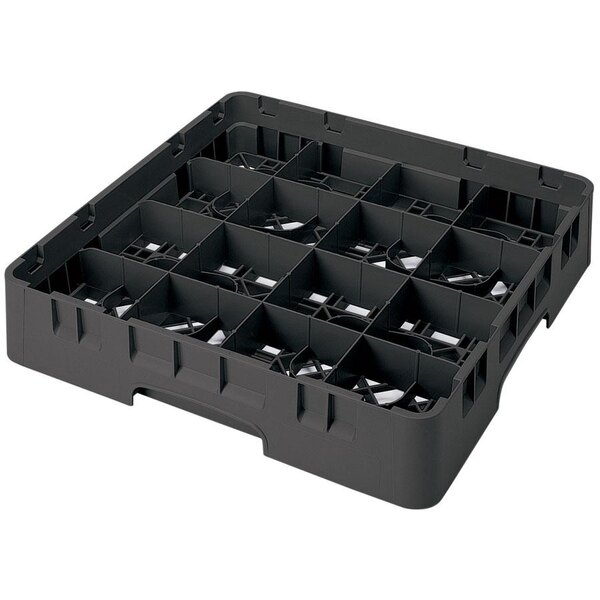 A black plastic container with many compartments and a grid for glasses.