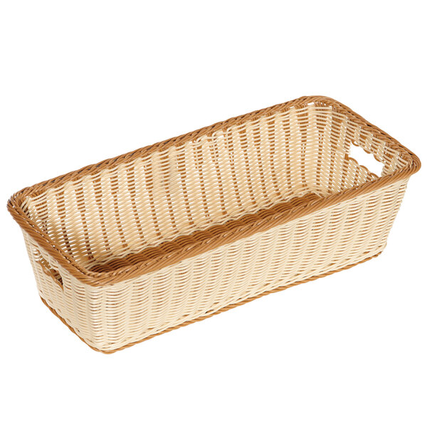 A rectangular plastic basket with a white and brown two-tone design.