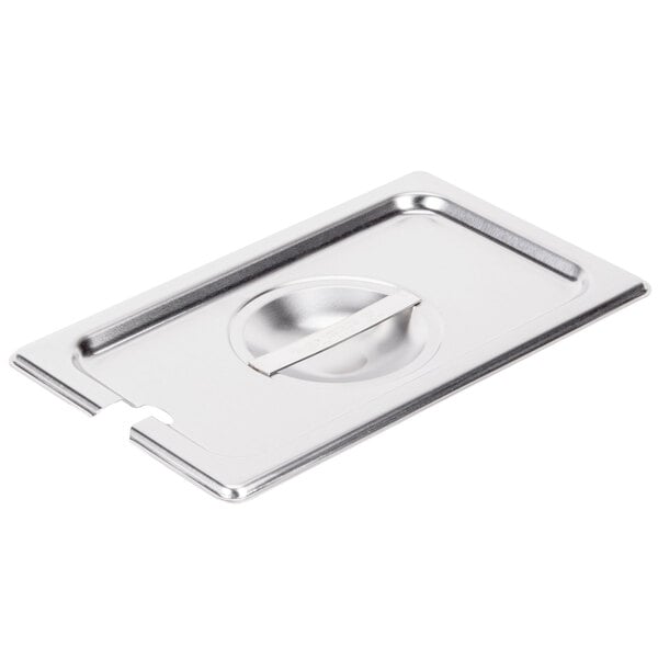 A Vollrath stainless steel rectangular steam table pan cover with a hole in the handle.