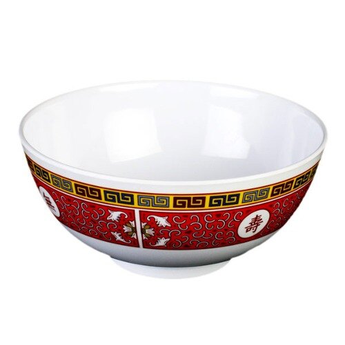 A white bowl with red and gold Longevity design.
