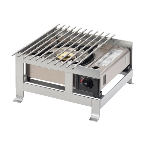 A Cal-Mil Soho silver steel butane burner frame on a counter with a grill.