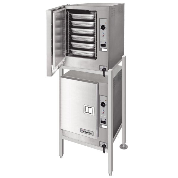 A large stainless steel Cleveland SteamChef 6 Double Deck electric steamer with two trays inside.