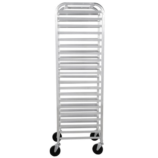 A silver metal Advance Tabco steam table pan rack with wheels.