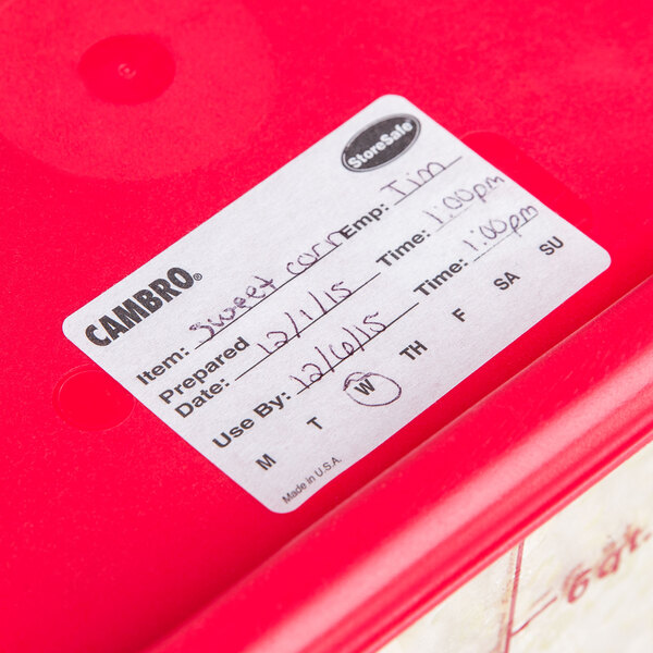 A red container with a Cambro StoreSafe label on it.