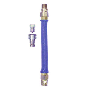 A blue Dormont water connector hose with silver quick disconnect fittings.