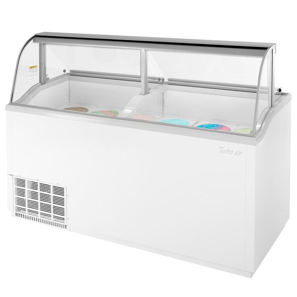 A white Turbo Air ice cream dipping cabinet with a glass top.