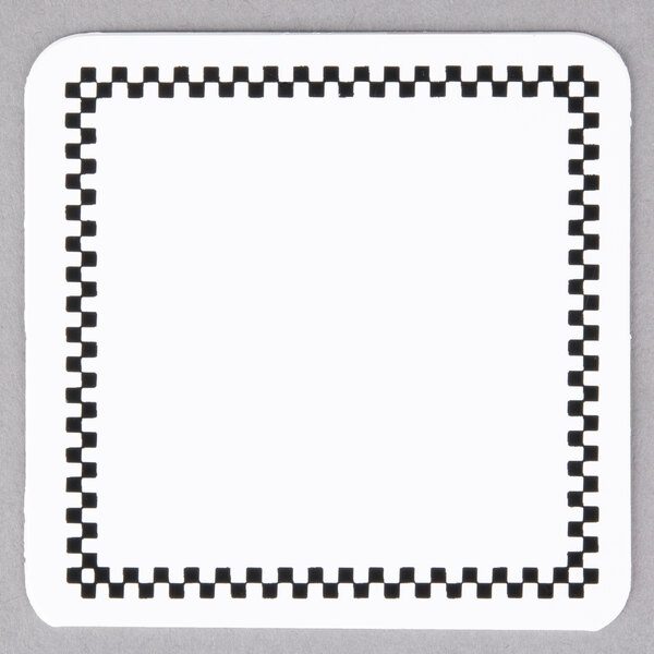 A square white deli tag with black checkered border and lines.