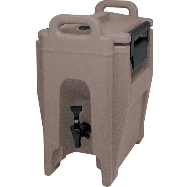 A brown Cambro plastic insulated beverage dispenser with a tap.
