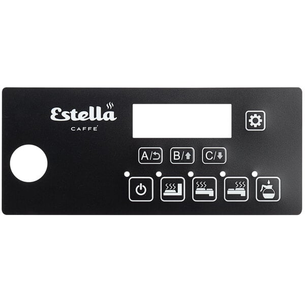 A black rectangular Estella Caffe label with white text.