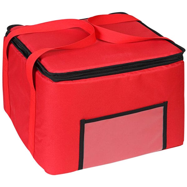 A red Sterno School Nutrition insulated tote bag with black trim and a strap.