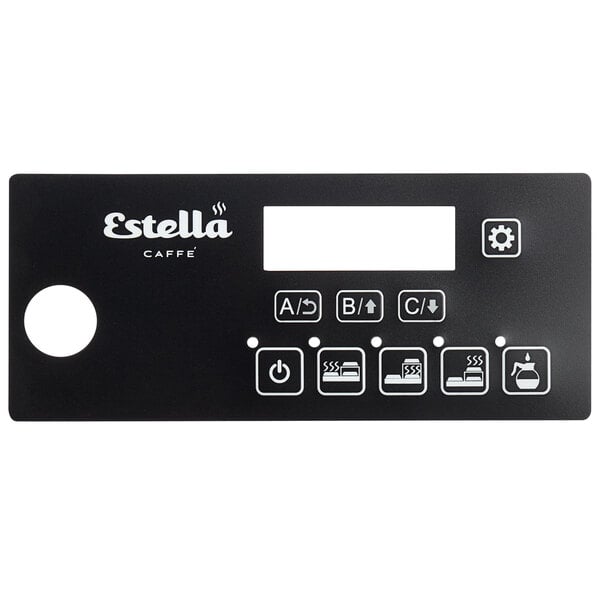 The black rectangular Estella Caffe exterior label with white text for a coffee maker.