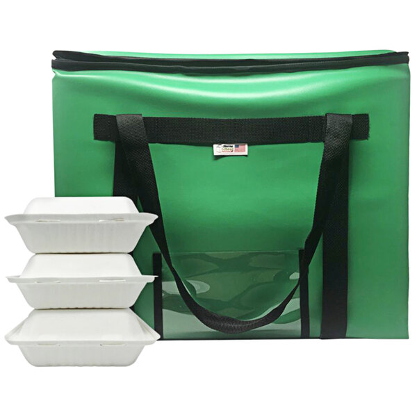 A green Sterno School Nutrition insulated lunch delivery bag with white food containers inside.