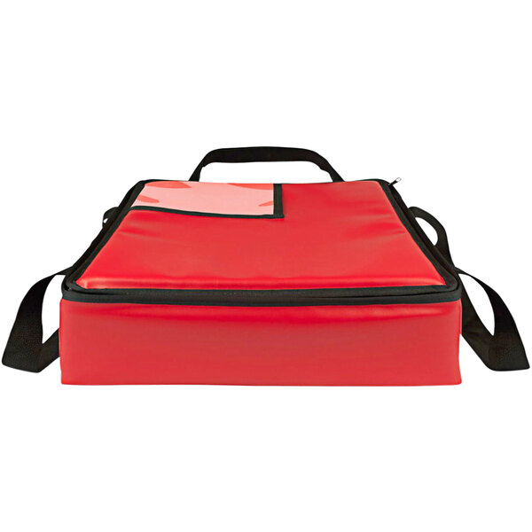 A red bag with black trim and handles.