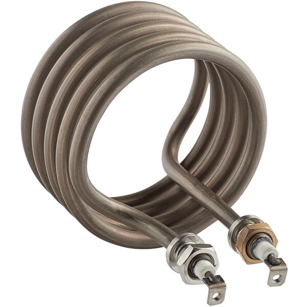 A metal heating element coil with two wires and a metal handle.