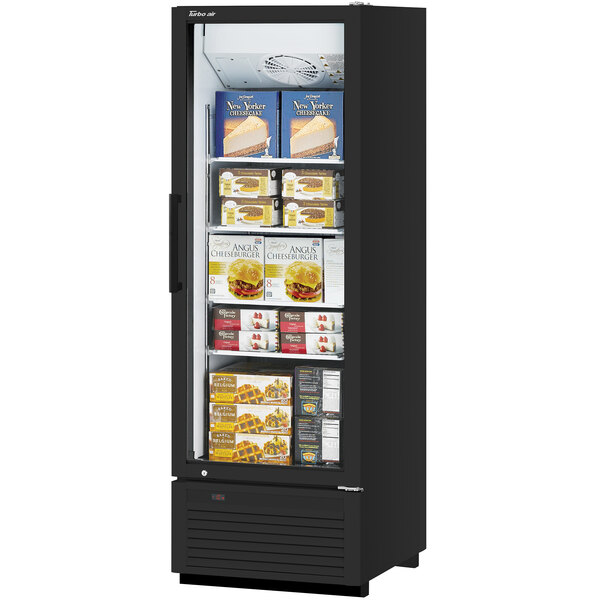 A black Turbo Air Super Deluxe swing door freezer with shelves of food inside.