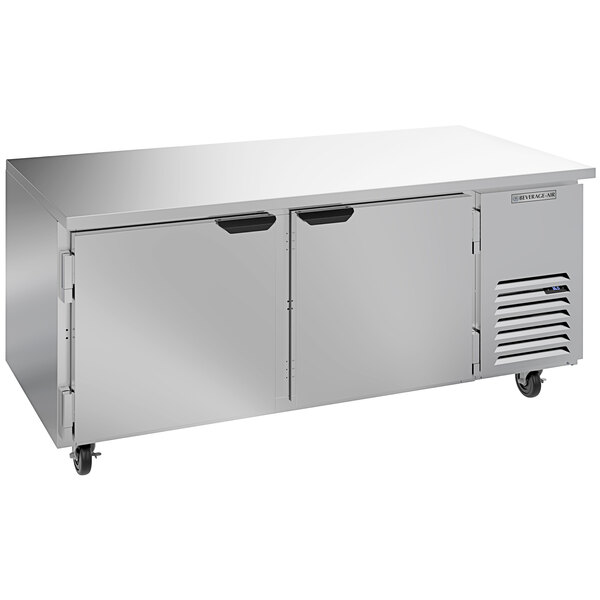 A stainless steel Beverage-Air undercounter refrigerator with two doors and two drawers.