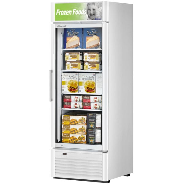 A Turbo Air white glass door freezer with an LED advertising panel on it.