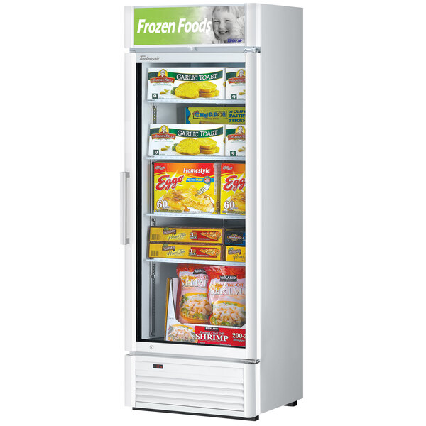 A Turbo Air white swing door freezer full of food with an LED advertising panel.