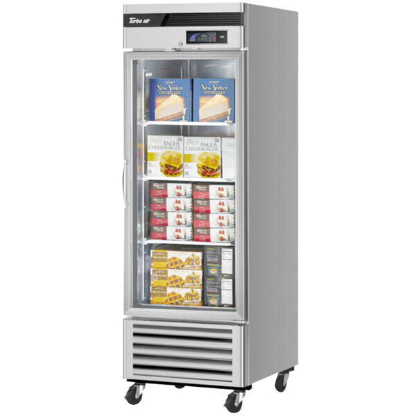 A Turbo Air reach-in freezer with a glass door.