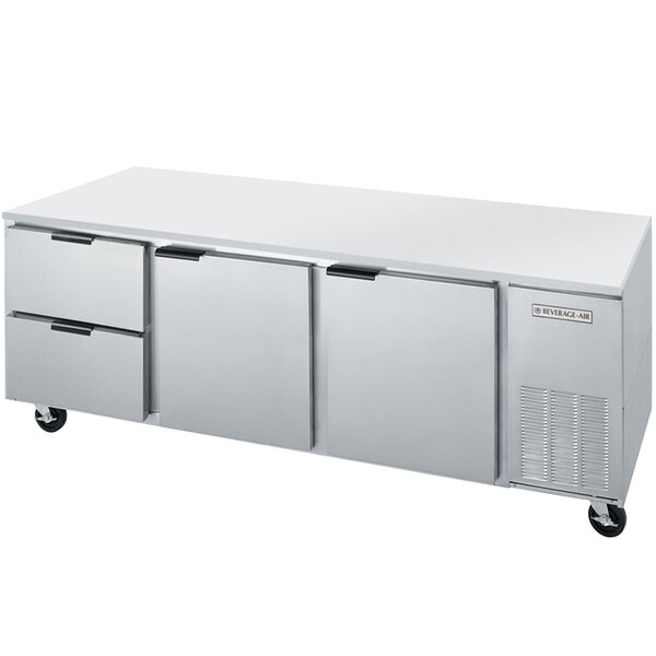 A Beverage-Air stainless steel undercounter refrigerator with 2 drawers.