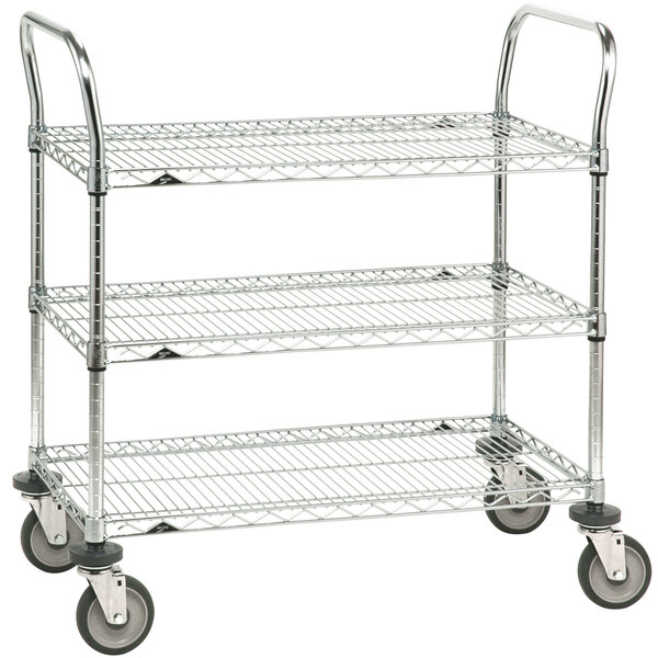 A Metro three-tier chrome wire shelf utility cart with wheels.