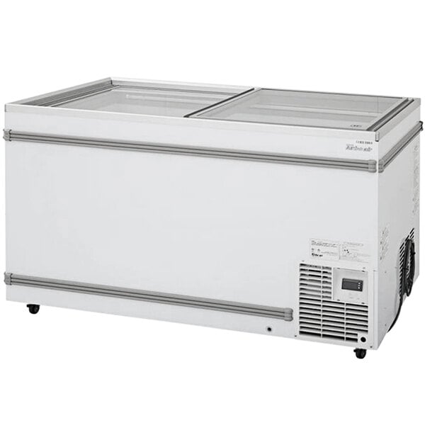 A white Turbo Air display freezer with a flat glass lid.