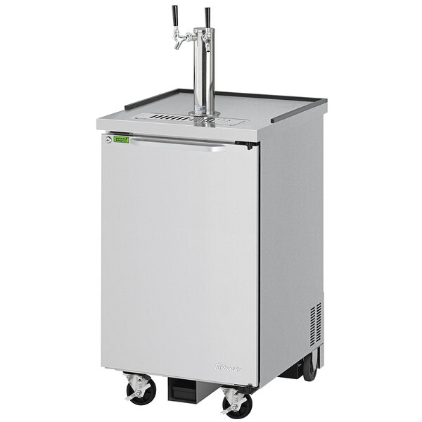 A silver stainless steel Turbo Air beer dispenser on wheels.