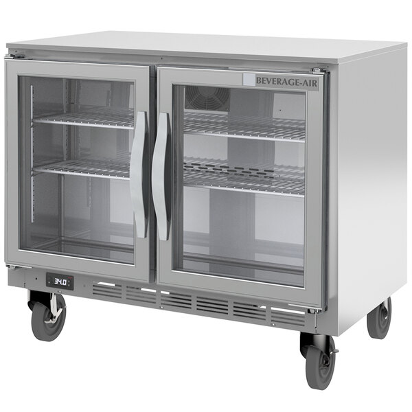 A stainless steel Beverage-Air undercounter refrigerator with two doors.