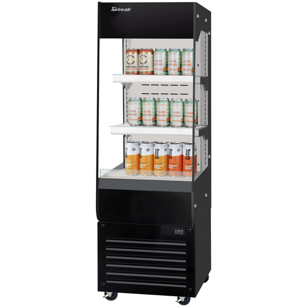 A black Turbo Air vertical open display case with shelves of cans of soda.