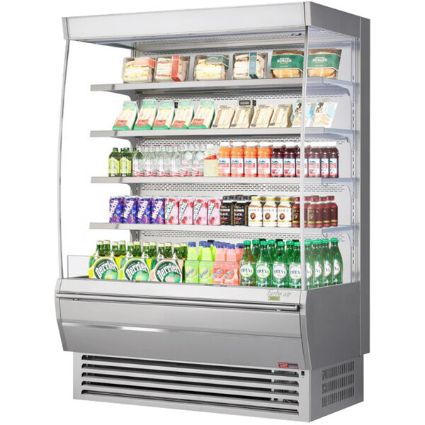 A Turbo Air stainless steel vertical open display case filled with drinks and beverages.