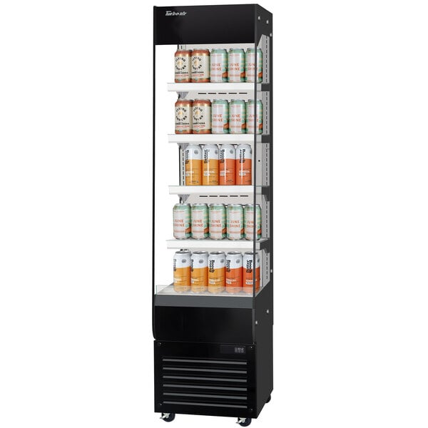 A black Turbo Air vertical open display case with shelves of canned beverages.