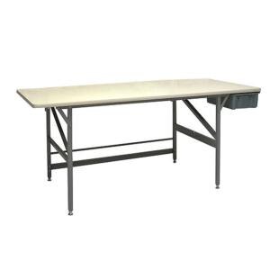 A white Bulman packing table with a drawer and metal legs.