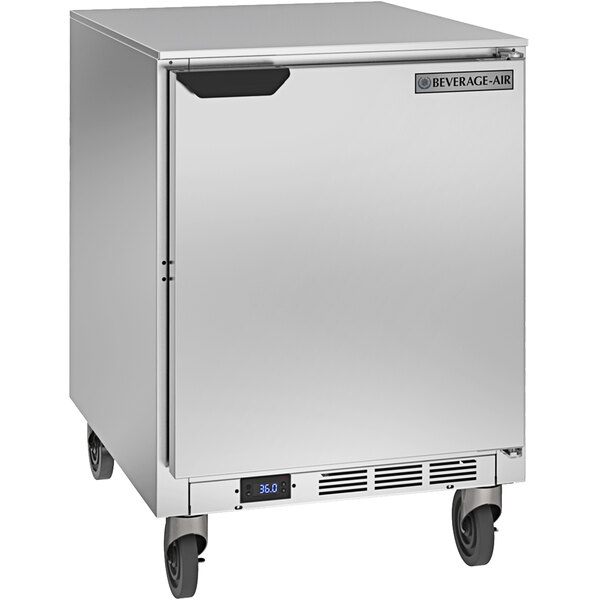 A silver Beverage-Air undercounter refrigerator with wheels.