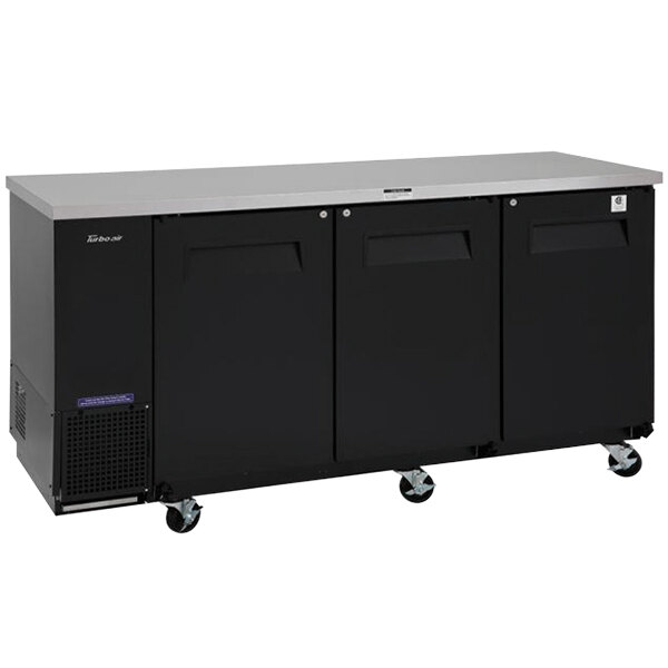 A black and silver Turbo Air Super Deluxe back bar cooler with rectangular doors.