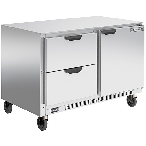A Beverage-Air undercounter freezer with drawers and a door.