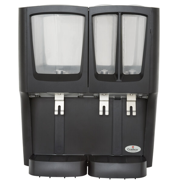 A black Crathco refrigerated beverage dispenser with three clear containers.