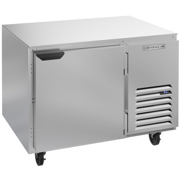 A large stainless steel Beverage-Air undercounter refrigerator with two doors.